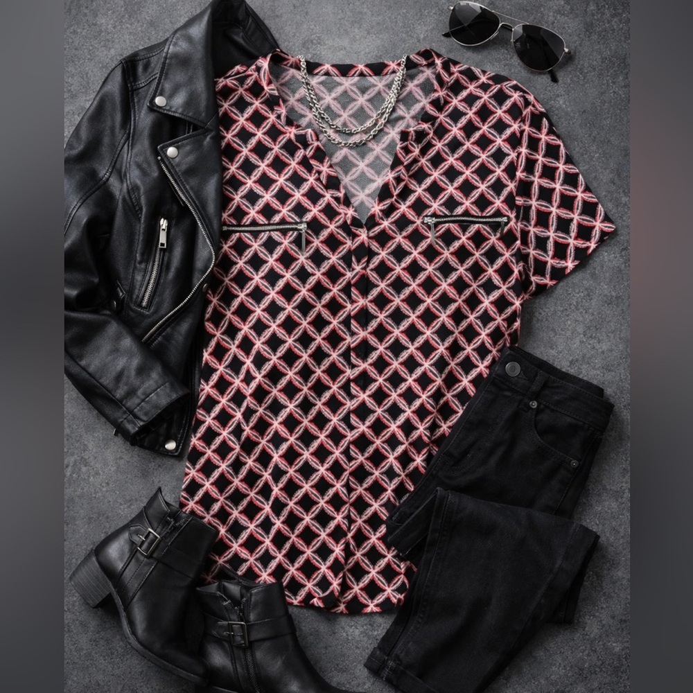 Jones Studio Geometric Print Short Sleeve Blouse | 3X